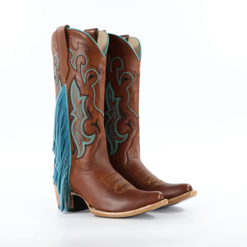 Pair of OAK cognac leather western boots with turquoise embroidery and suede fringe